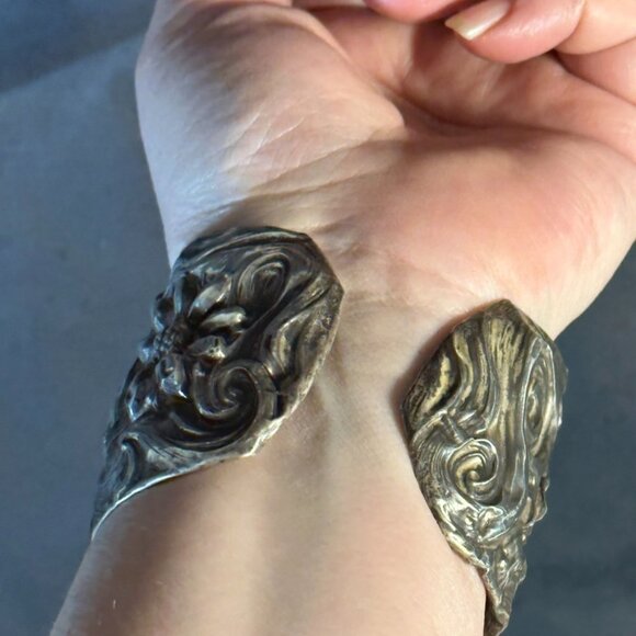 American Beauty Floral Sterling Silver Alphonse Mucha Cuff Bracelet Art Nouveau - Picture 8 of 10